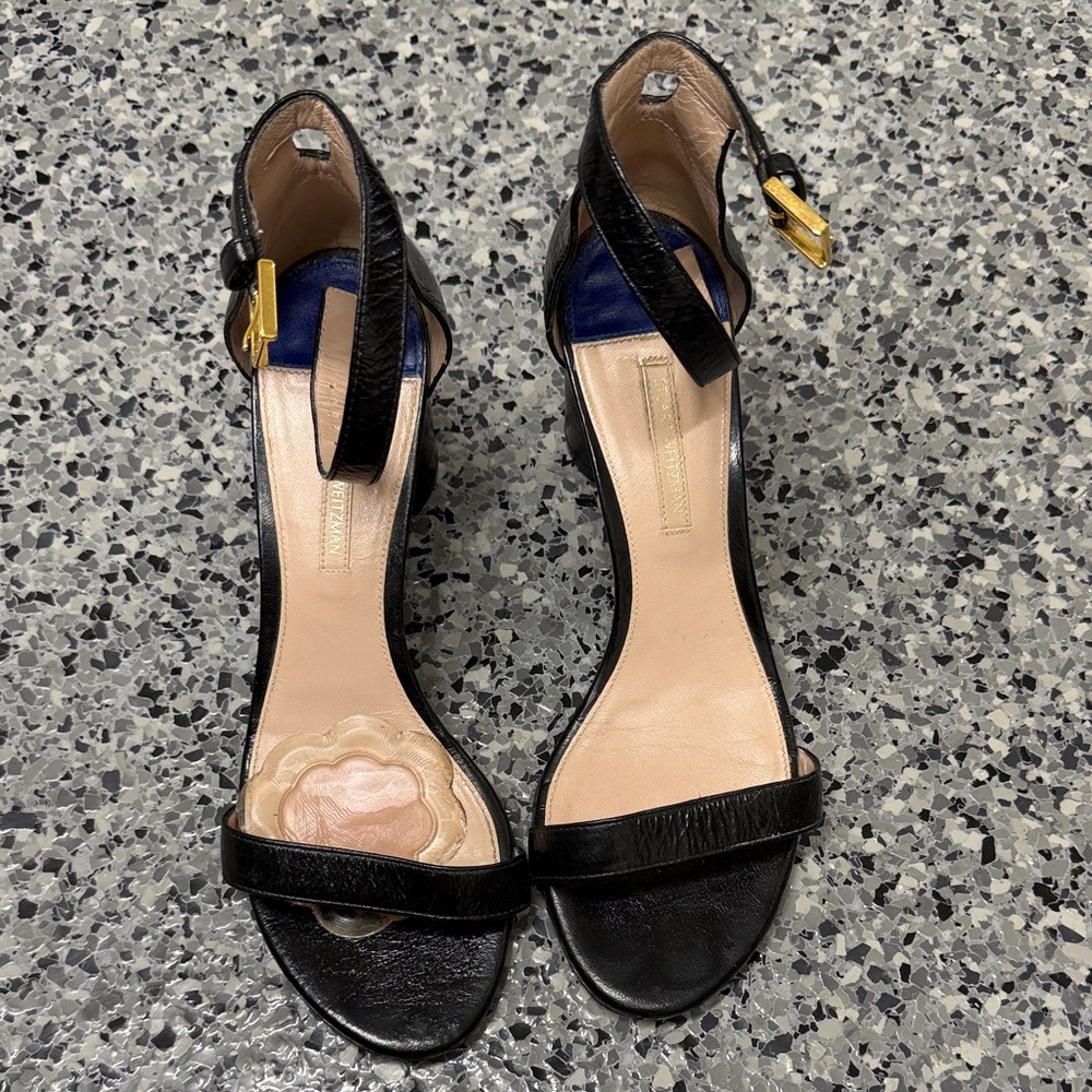 Stuart Weitzman Black Leather Ankle-Strap Heels with Gold Buckles 3” block heel